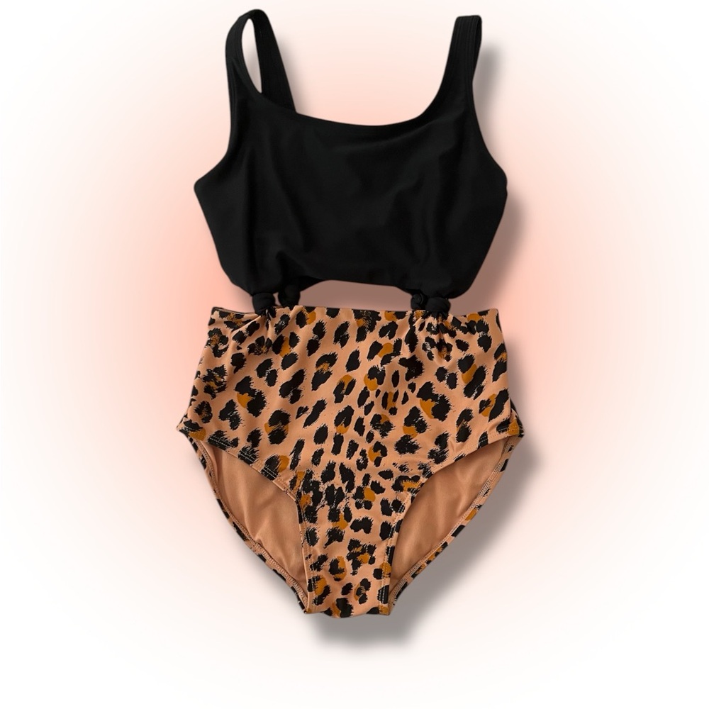 Trendy High Waist Knotted Black and Leopard Cut Out Bodysuit Swimsuit